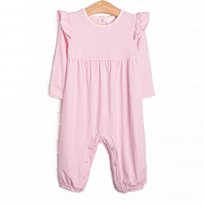 The romper features long flutter shoulder sleeves, light pink&nbsp; stripes, and soft knit material. 