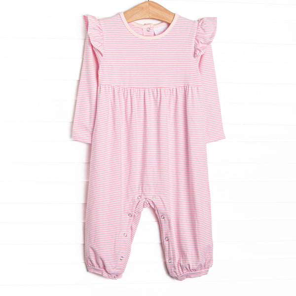  The romper features long flutter shoulder sleeves, light pink&nbsp; stripes, and soft knit material. 