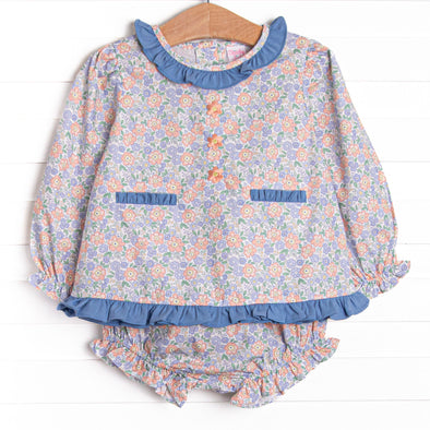 Drenched in Dahlias Embroidered Diaper Set, Blue