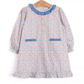 Drenched in Dahlias Embroidered Dress, Blue