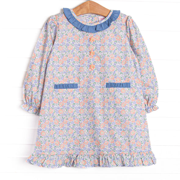 Drenched in Dahlias Embroidered Dress, Blue