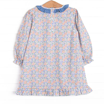 Drenched in Dahlias Embroidered Dress, Blue