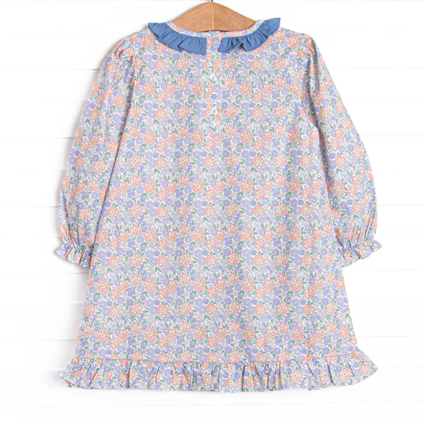 Drenched in Dahlias Embroidered Dress, Blue