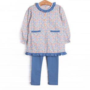Drenched in Dahlias Embroidered Legging Set, Blue