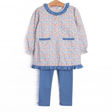 Drenched in Dahlias Embroidered Legging Set, Blue
