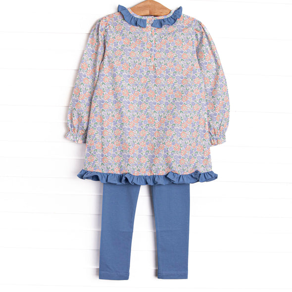 Drenched in Dahlias Embroidered Legging Set, Blue
