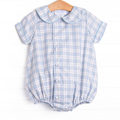  Bleu features a beautiful combination of timeless elegance and charm, curated with intricate details and crafted from premium fabrics! This bubble features the blue plaid print, a peter pan collar, and front covered buttons. 