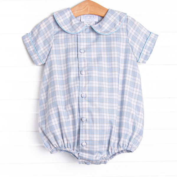  Bleu features a beautiful combination of timeless elegance and charm, curated with intricate details and crafted from premium fabrics! This bubble features the blue plaid print, a peter pan collar, and front covered buttons. 