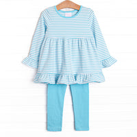  The set features soft knit material, aqua blue stripes, and coordinating aqua blue leggings to match. 