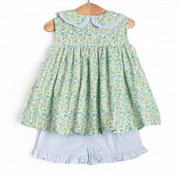Born to Bloom Smocked Ruffle Short Set, Green