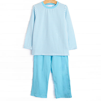 Charles Long Sleeve Pant Set, Aqua Stripe