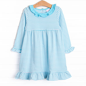 Lyla Ruffle Dress, Aqua Stripe