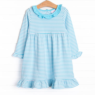 Lyla Ruffle Dress, Aqua Stripe