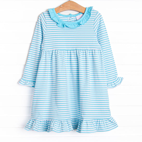 Lyla Ruffle Dress, Aqua Stripe