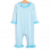 Lyla Ruffle Romper, Aqua Stripe