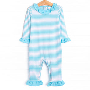 Lyla Ruffle Romper, Aqua Stripe