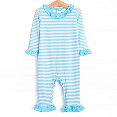 Lyla Ruffle Romper, Aqua Stripe