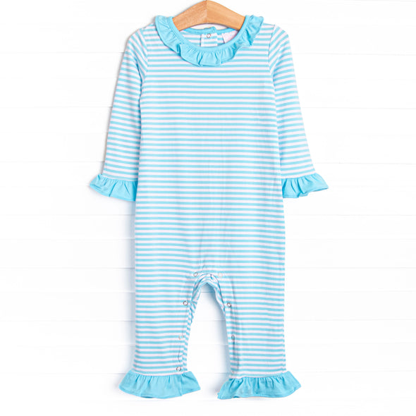 Lyla Ruffle Romper, Aqua Stripe
