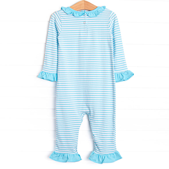 Lyla Ruffle Romper, Aqua Stripe