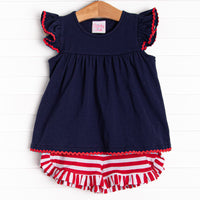 Bold Stripes Ruffle Short Set, Navy