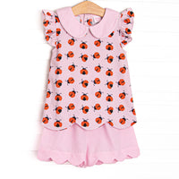 This set features a lady bug print, flutter sleeves, and pink gingham&nbsp; peter pan collar. Coordinating pink gingham scalloped shorts to match.
