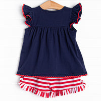 Bold Stripes Ruffle Short Set, Navy