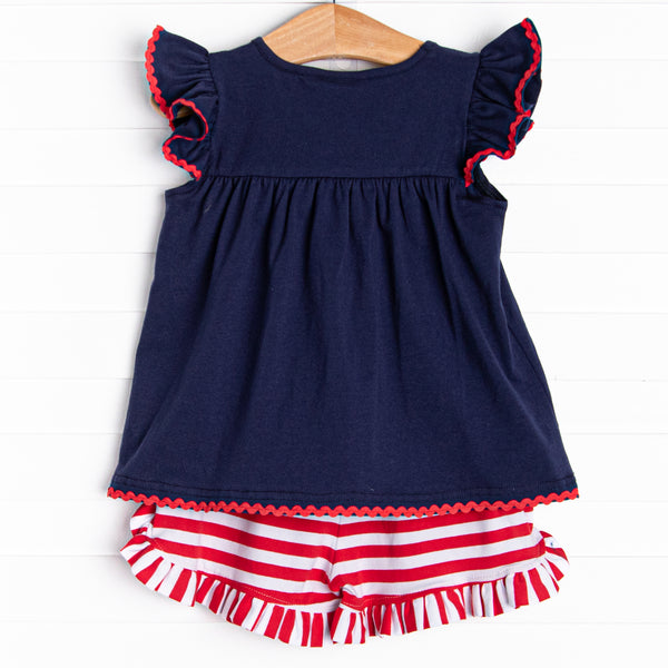 Bold Stripes Ruffle Short Set, Navy