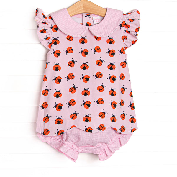 This set features a lady bug print, flutter sleeves, and pink gingham&nbsp; peter pan collar. Coordinating pink gingham diaper cover to match.