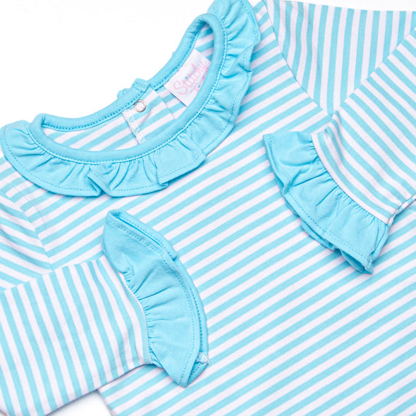 Lyla Ruffle Romper, Aqua Stripe