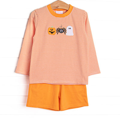 Spooks and Spiders Applique Long Sleeve Short Set, Orange