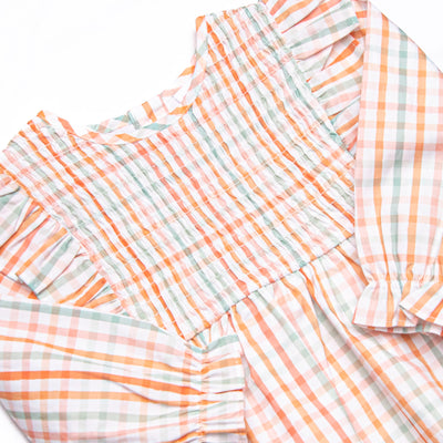 Patchwork Plaid Elastic Smocked Legging Set, Orange
