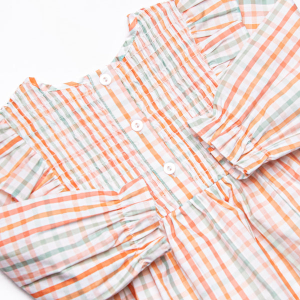 Patchwork Plaid Elastic Smocked Legging Set, Orange