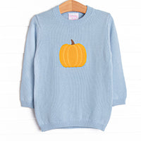 Featuring the coziest blue material, this sweater is adorned with a festive pumpkin embroidery.