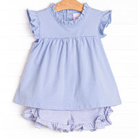 The&nbsp;set features a periwinkle flutter sleeve top, the softest knit material, and&nbsp; striped ruffle shorts to match. 