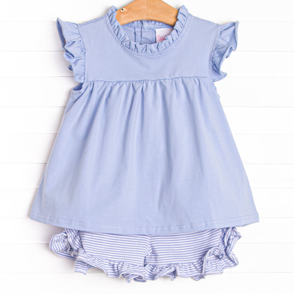  The&nbsp;set features a periwinkle flutter sleeve top, the softest knit material, and&nbsp; striped ruffle shorts to match. 