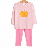 This set features a cozy pink sweater with a darling pumpkin with a pink bow. Coordinating pink leggings to match.