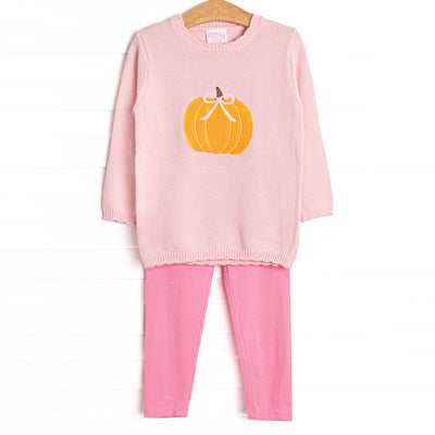 This set features a cozy pink sweater with a darling pumpkin with a pink bow. Coordinating pink leggings to match.