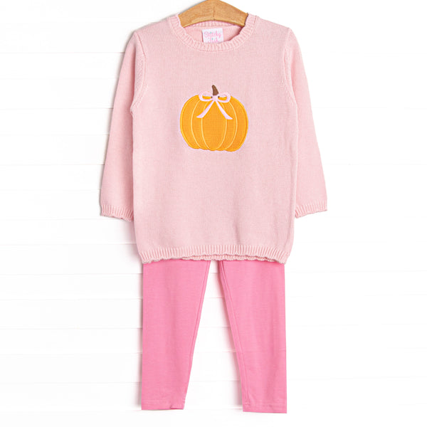 This set features a cozy pink sweater with a darling pumpkin with a pink bow. Coordinating pink leggings to match.