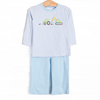 This set features a blue striped top, dig machines applique, and long sleeves. Coordinating blue pants to match.