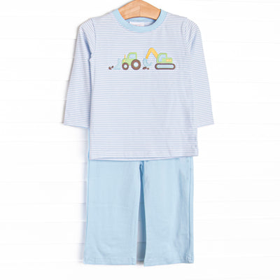 This set features a blue striped top, dig machines applique, and long sleeves. Coordinating blue pants to match.