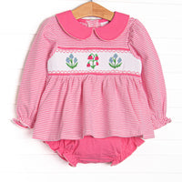 This set features a pink striped long sleeve top, a pink Peter Pan collar, and floral smocking. Coordinating pink diaper cover to match.