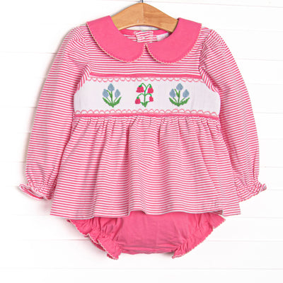 This set features a pink striped long sleeve top, a pink Peter Pan collar, and floral smocking. Coordinating pink diaper cover to match.