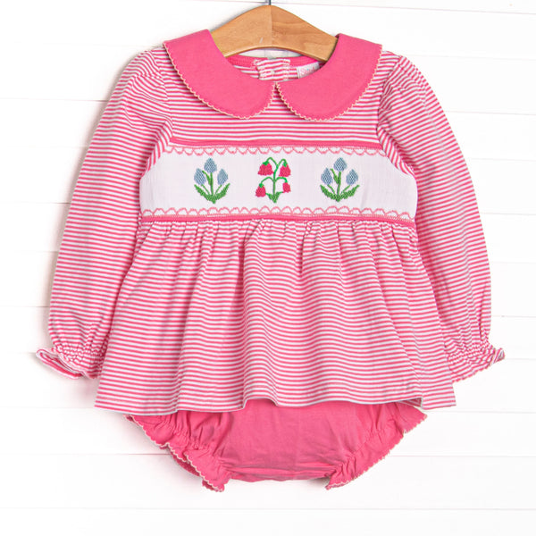 This set features a pink striped long sleeve top, a pink Peter Pan collar, and floral smocking. Coordinating pink diaper cover to match.