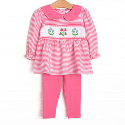 This set features a pink striped long sleeve top, a pink Peter Pan collar, and floral smocking. Coordinating pink leggings to match.
