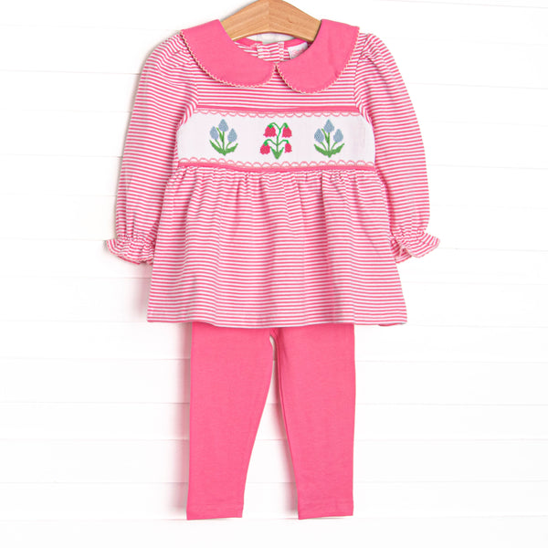 This set features a pink striped long sleeve top, a pink Peter Pan collar, and floral smocking. Coordinating pink leggings to match.