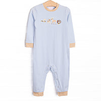  This romper features blue striped fabric, tan trim, farm animal applique, and snaps along the stride to make changing a breeze. 