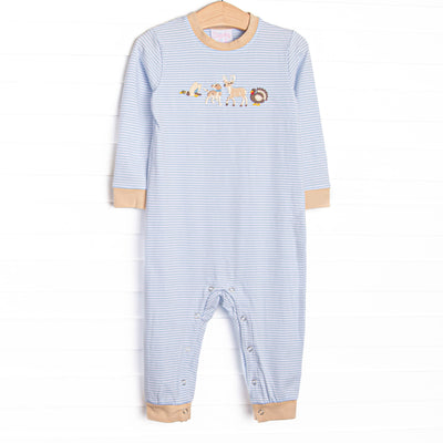  This romper features blue striped fabric, tan trim, farm animal applique, and snaps along the stride to make changing a breeze. 