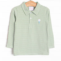 This top features a green striped print, a polo collar, and a golf embroidery.