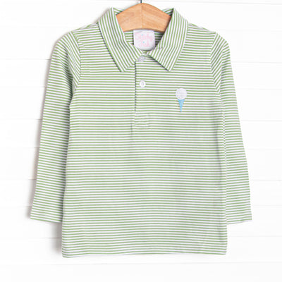 This top features a green striped print, a polo collar, and a golf embroidery.