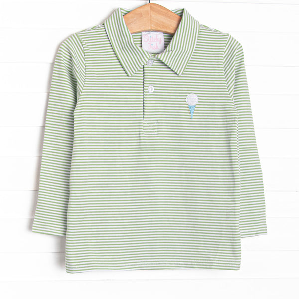 This top features a green striped print, a polo collar, and a golf embroidery.